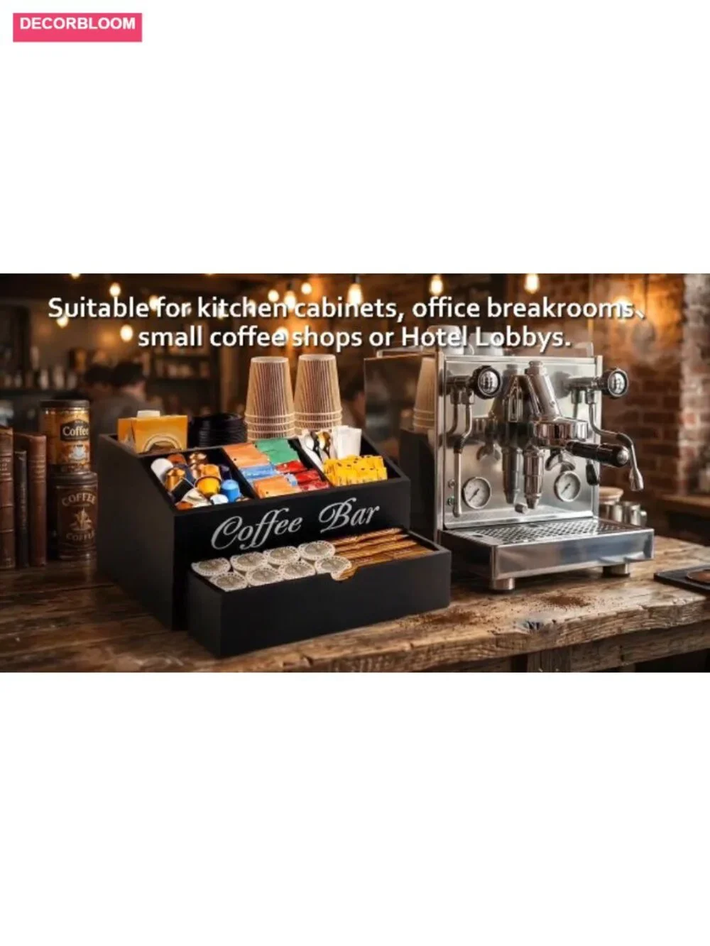 Wood Coffee Bar Organizer with Dust-Proof Drawer, 2-Tier Station